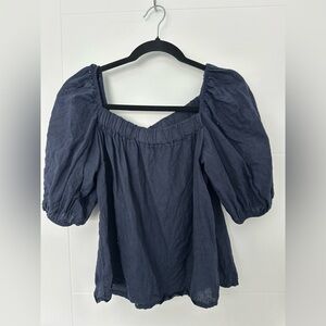Meo Meli Linen Navy Puff Sleeve Blouse - Made in Italy